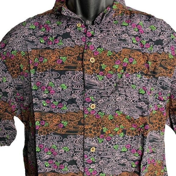 Vintage Button Up Polynesian Shirt L Black Floral Short Sleeve Collar Pocket - Picture 2 of 6